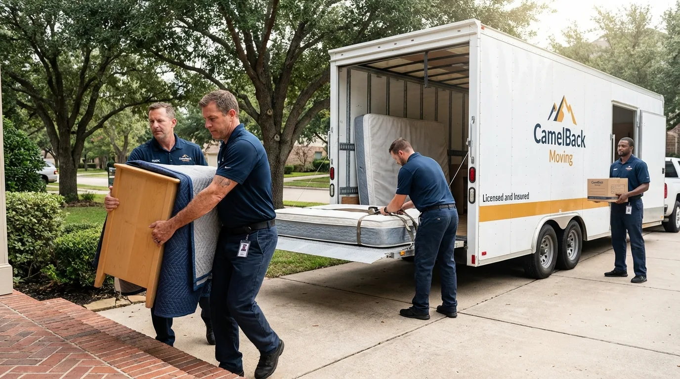 Crew loading residential truck for cross-state move from Mitchell, SD