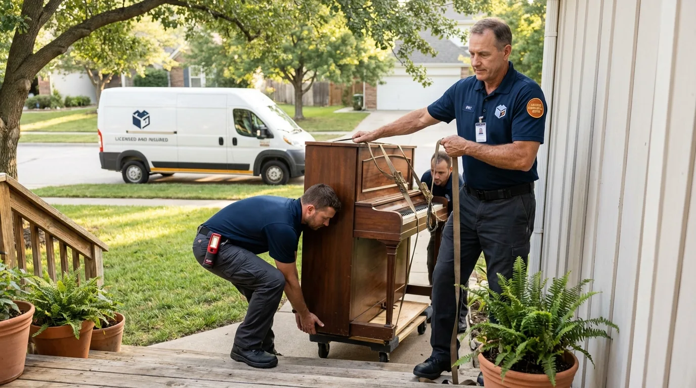 Licensed piano movers securing grand piano in Mitchell, SD
