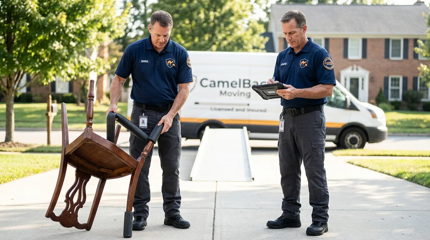 Movers inspecting furniture for damage prevention before loading in Mitchell, SD