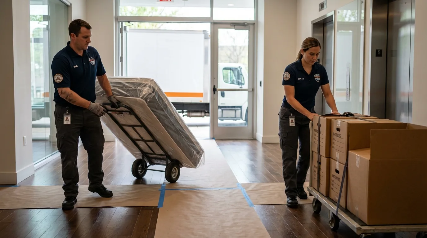 Professional apartment movers loading elevator in Mitchell, SD
