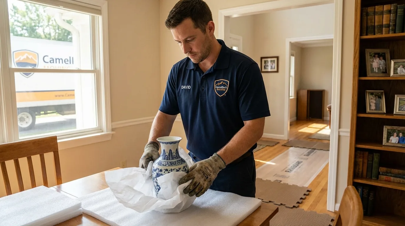 Professional crew carefully wrapping antique vase for senior downsizing move in Mitchell, SD